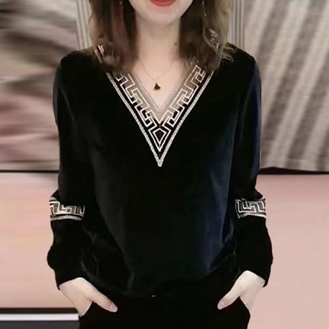 ROYALBELLE 여성 루즈핏 브이넥 벨벳 긴팔 티셔츠 기하학 패턴 장식 패션 캐주얼 데일리 기모 티 M0091503