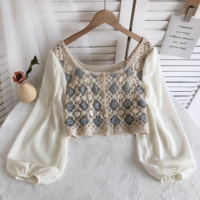 2026春夏新款方領鏤空鉤花雪紡燈籠袖寬鬆短款襯衫上衣女