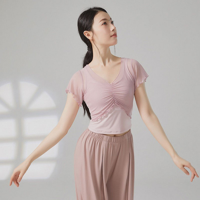 여성용 여름 반팔 슬림핏 댄스복, S, 연분홍색, 1개