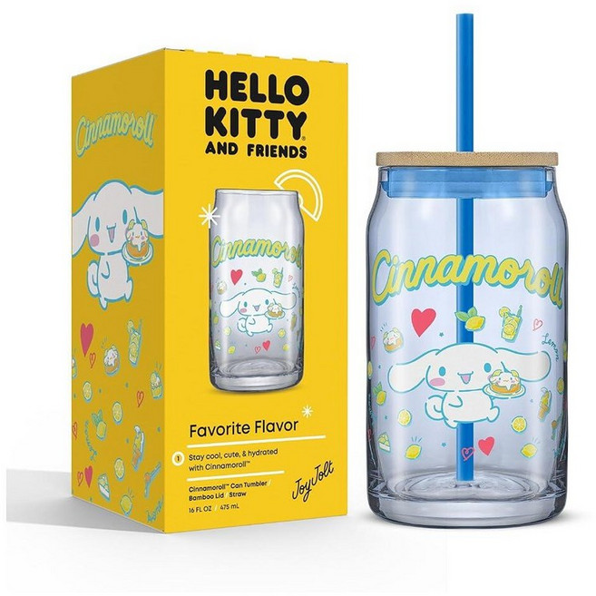 JoyJolt Sanrio 헬로 키티와 친구들 좋아하는 맛의 유리 텀블러 대나무 뚜껑과 빨대 포함 샘 방지 473.2ml(16온스) 투명 소다 캔 모양 컵 마이 멜로디, My Melody, 1개