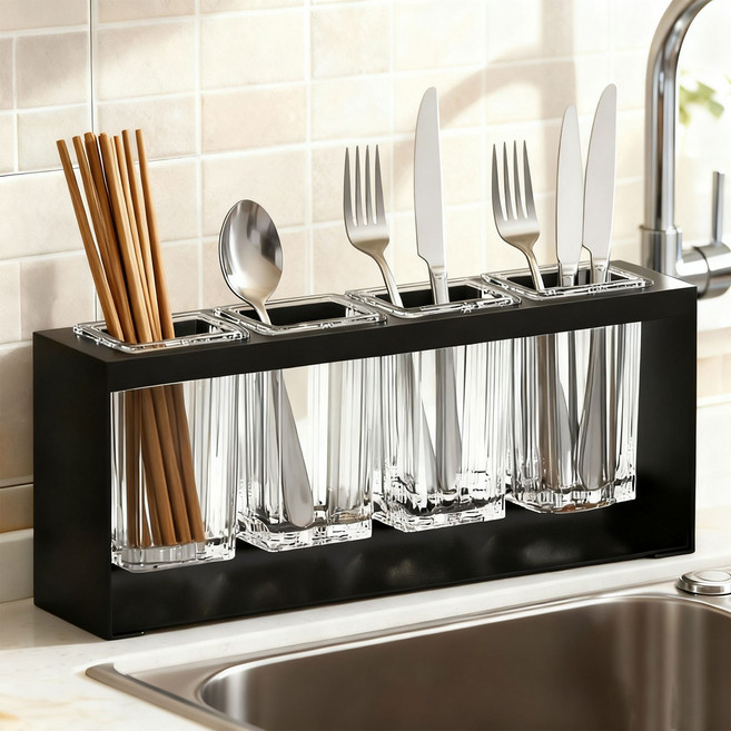 KEMEI 수저통 물빠짐 주방 수납 선반 세트 대용량 스텐 주방용품 정리함, 1개, 블랙