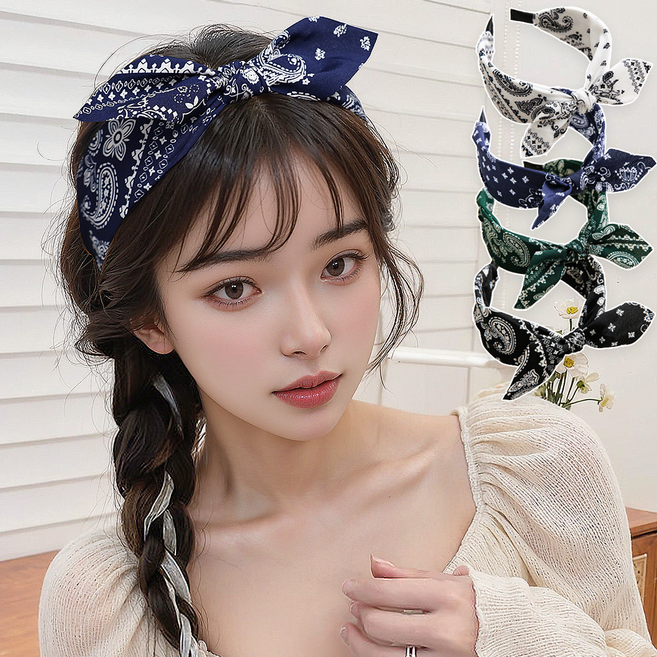 코욜하우키 페이즐리 리본 넓은 머리띠 와이드 헤어밴드
