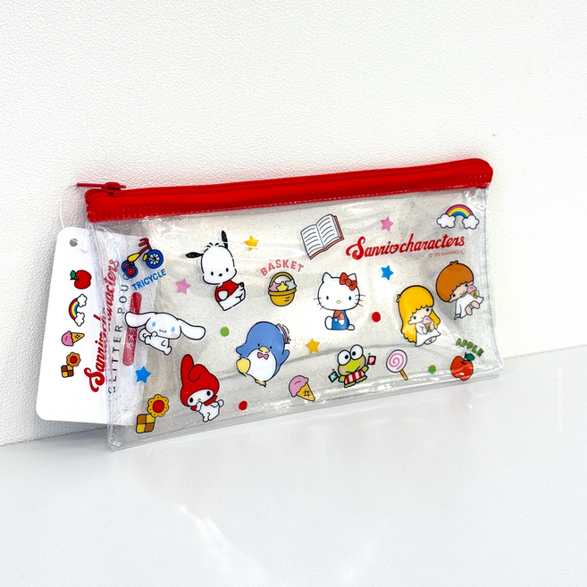 일본정품 산리오 캐릭터 글리터 투명 파우치 PVC 지퍼형 필기구 화장품 수납 2종택1