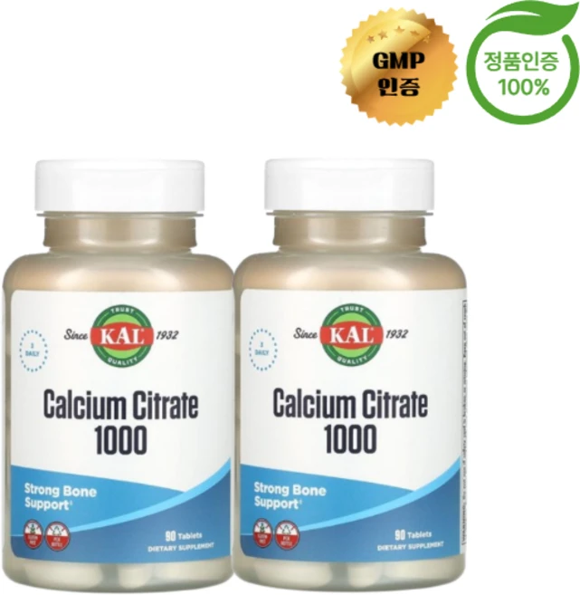 1+1 KAL 구연산 고효능 칼슘 1000mg 90정, 2개 - 쿠팡