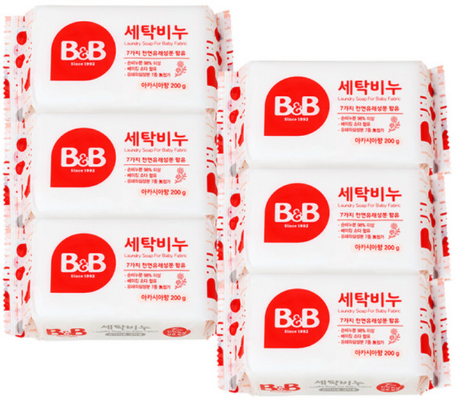 비앤비 유아용 세탁비누 아카시아향, 200g, 6개