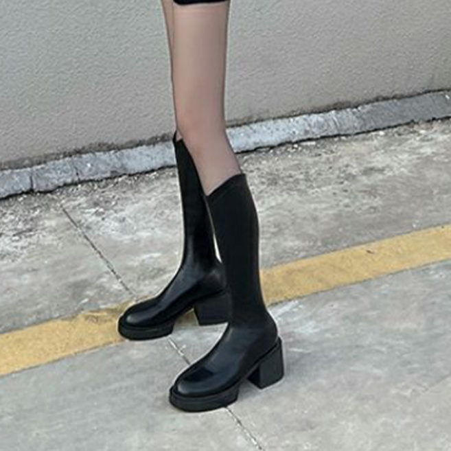 besteffie 여성용 가을 겨울 데일리 빅사이즈 심플 디자인 통굽 슬림라인 롱 부츠