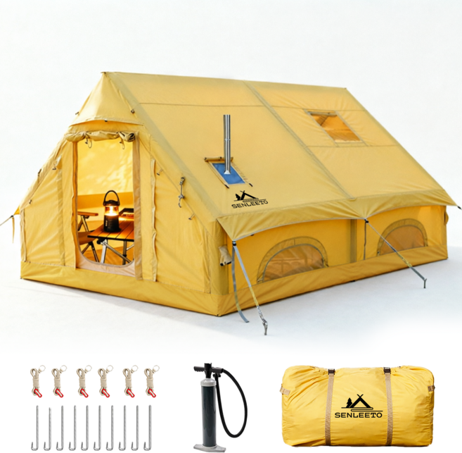 센리토(SENLEETO) 대형 에어텐트 4-8인용 사계절 감성 하우스 텐트 방수 연통구 에어컨홀 포함 (고압펌프 세트), 4~8인용, 노란색