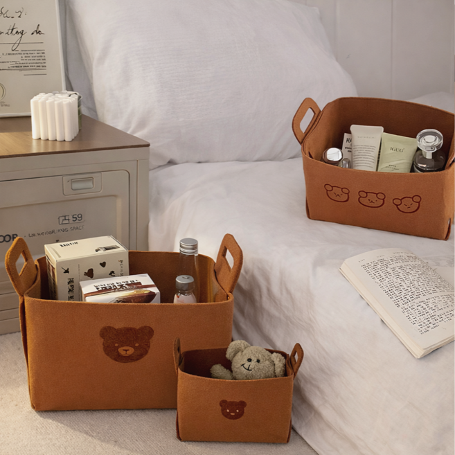 나띵베럴 접이식 곰돌이 펠트 다용도 수납바구니 3종 세트, 브라운, 1세트