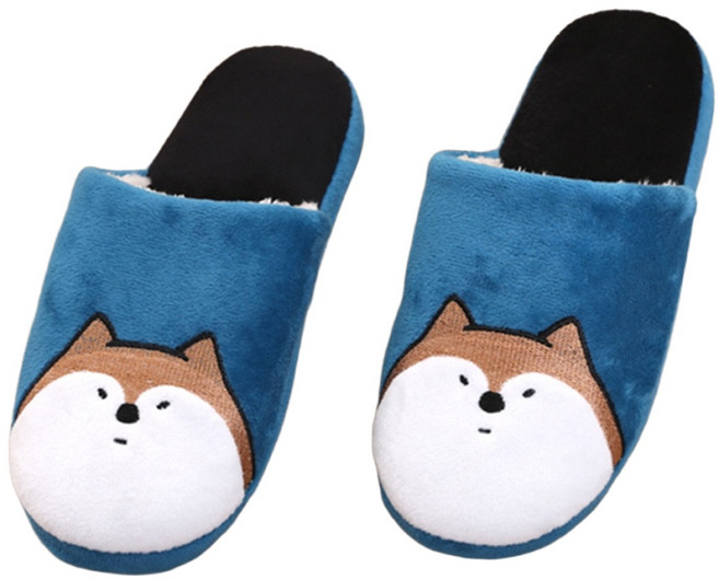 TAY SONG 太松 超萌俏皮動物室內布拖鞋 柔軟親膚布料 包覆鞋型設計, 柴犬 深藍色 + 黑色, 1雙