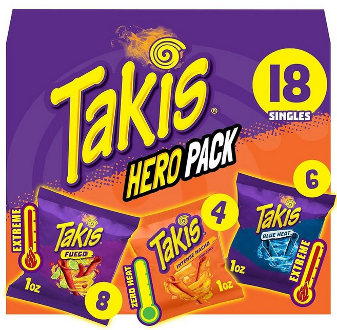 Takis 18피스 / 28.3g(1온스) 히어로 버라이어티 팩 다양한 맛의 혼합 롤 토르티야 칩 - 푸에고 8개 블루 히트 6개 강렬한 나초 4개, 28.3g