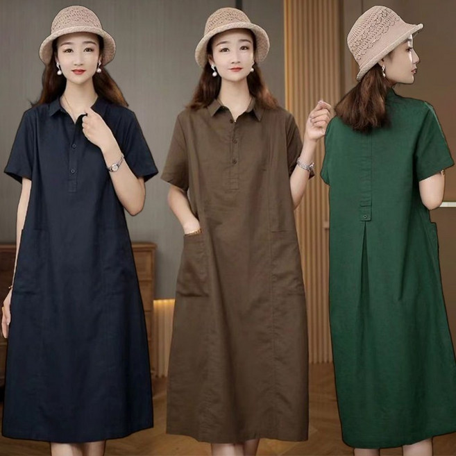 중년여성 여름 반팔 카라넥 면마원피스 시원한 라운드 린넨 여름원피스 빈티지 단추 롱셔츠