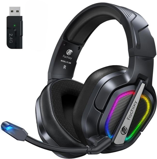 파치시 FC200 무선 게이밍 헤드셋 PC PS4 PS5 3D 사운드 RGB 노이즈 캔슬링 마이크 1200mAh 대용량 2.4G 블루투스 헤드폰, 올블랙