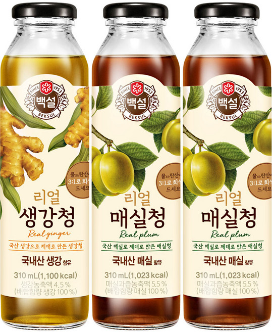 CJ 백설 리얼청 5종 모음, 매실청2개+생강청1개, 1개입, 310ml