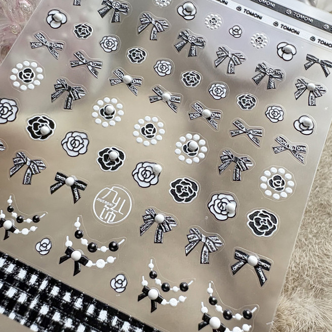 3D 엠보 고급 네일 아트 스티커 트위드 명품 스타일, 1개, 블랙