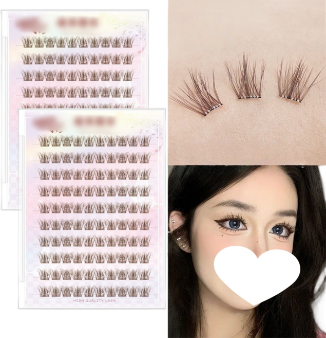 MorningSea 다크브라운 노글루 속눈썹 투명 스텔스 줄기 자연스러운 부분 속눈썹 연장 큐티래쉬 10줄, 2개, 블랙