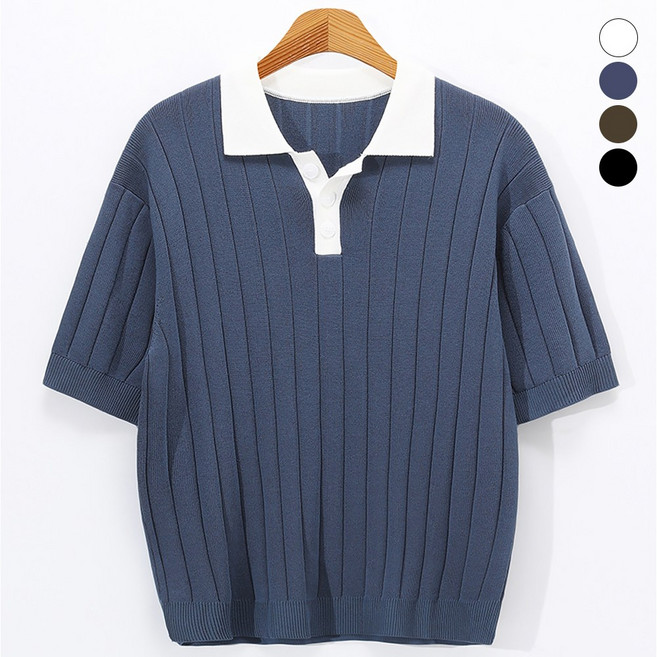 후앙스 오버핏 배색 카라 골지 반팔 니트 티셔츠 GLKT-4709