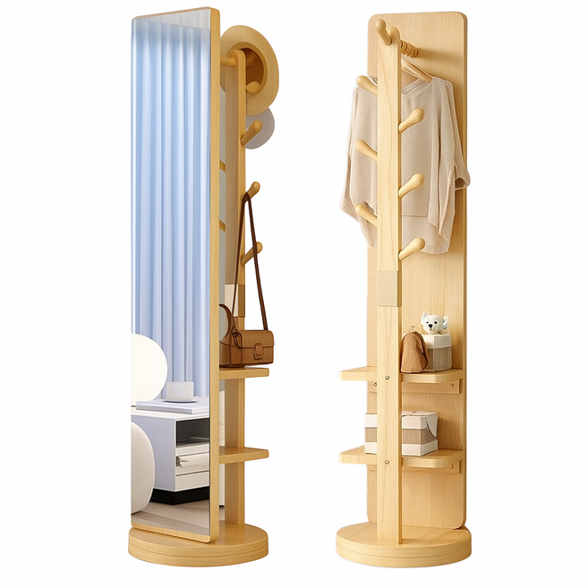 수이몰 회전 전신거울 옷걸이 원목 수납 행거, 원색