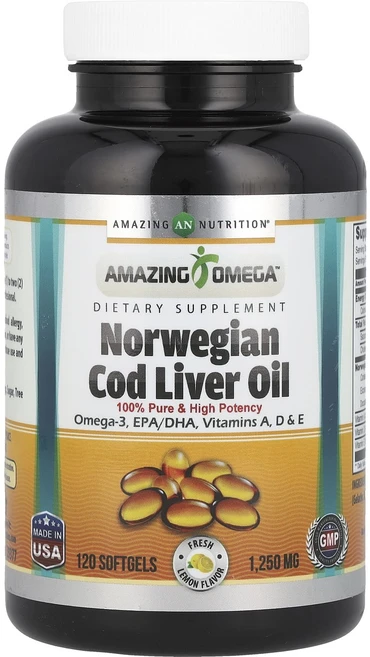 Amazing Nutrition 노르웨이산 대구 간유 레몬 1250mg 소프트젤 120정, 1개 - 쿠팡