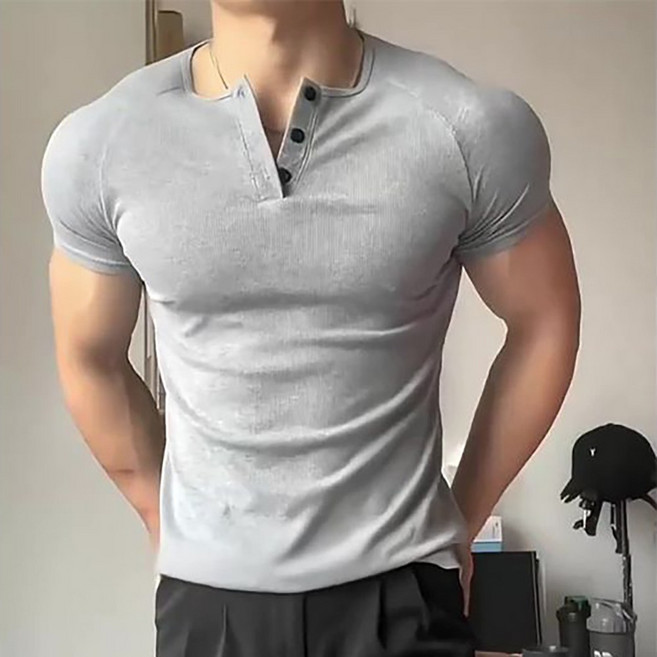 로르카 남성 브이넥 버튼 슬림핏 신축성 심플 캐주얼 베이직 반팔 티셔츠 M01031604