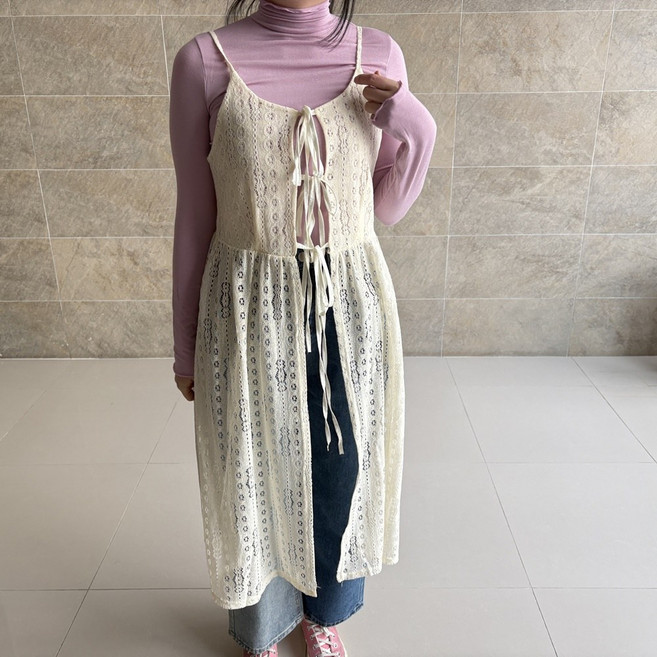 레이스 뷔스티에 원피스 레이어드 시스루 망사 나시 롱 원피스 끈나시