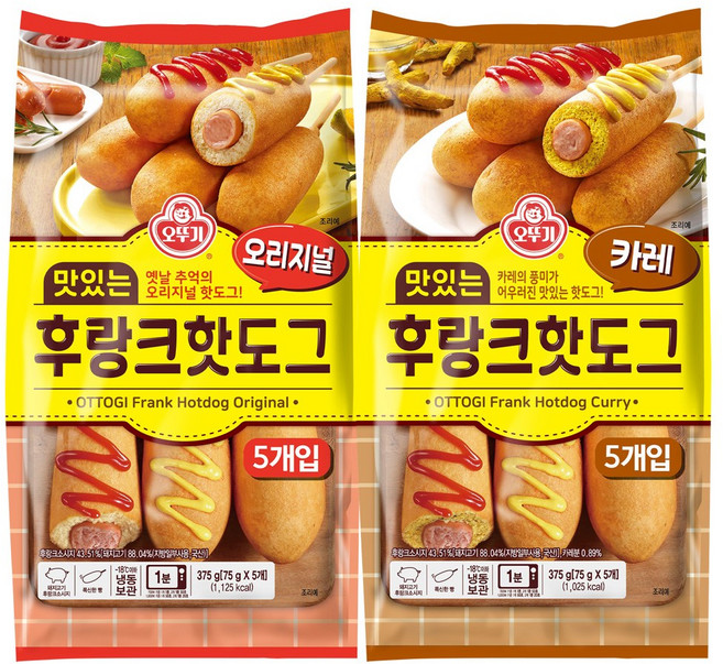 오뚜기 맛있는 후랑크핫도그 375g 오리지널 2개+카레맛 375g 2개, 75g, 1세트