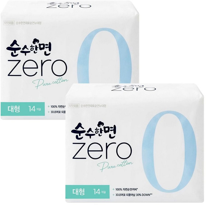 깨끗한나라 순수한면 ZERO 울트라슬림 뉴 대형 날개형 14p X 2개+모티브코리아Shop, 빠른배송, 1개, 1개입