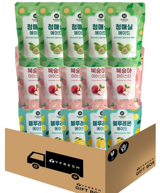 [YFRESH]맥널티 아이스티3종(복숭아 블루레몬에이드 청매실에이드) 각 190ml x 5 총 15개 + YFRESH박스, 1개