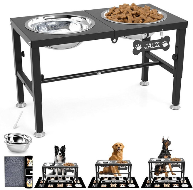 SHAINFUN Adjustable Height Elevated Dog Bowl Stand – Wooden Raised Bowls with Three 58oz Stainless, 블랙-2L