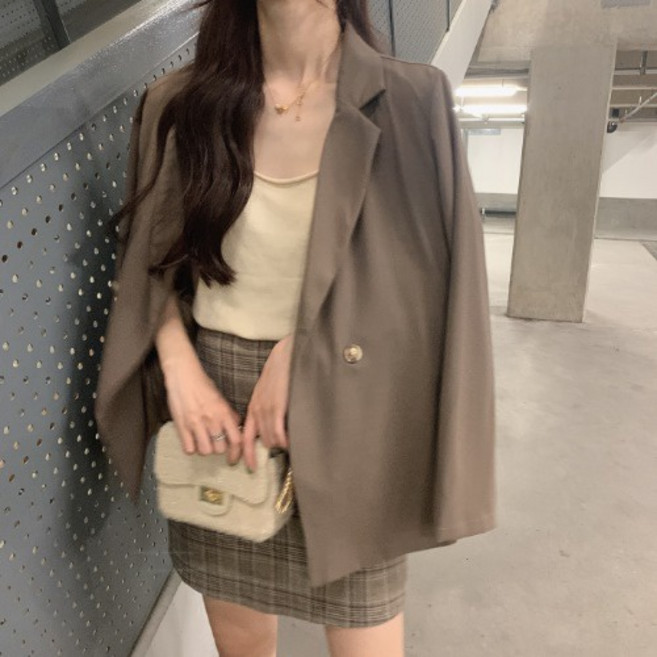 港風復古西裝外套 格子半身裙三件套裝女