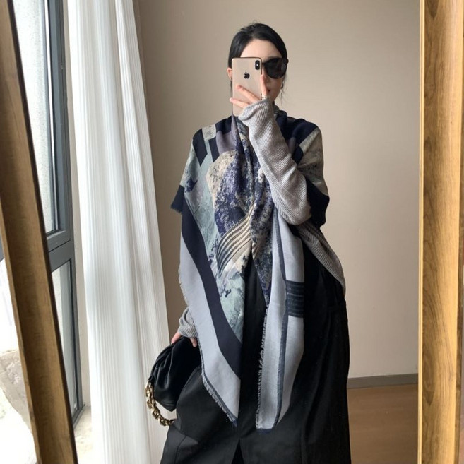 코코린느 빈티지 모네 아트 블루 빅 대형 숄 스카프 머플러