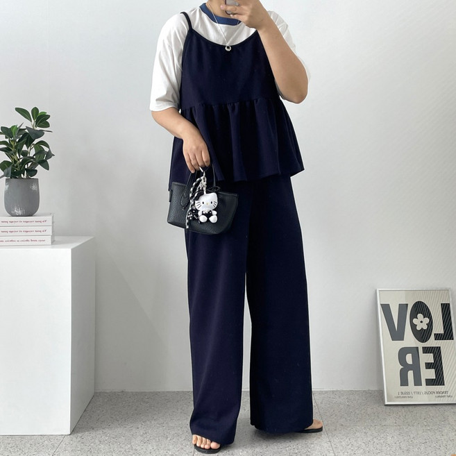 수니베 뮤아 여성 빅사이즈 루즈핏 뷔스티에 플레어 나시 와이드 밴딩 팬츠 투피스 세트 봄 가을 간절기 체형커버 임산부 77 88 통통녀 꾸안꾸 마실룩 등원룩 여유핏 레이어드 셋업