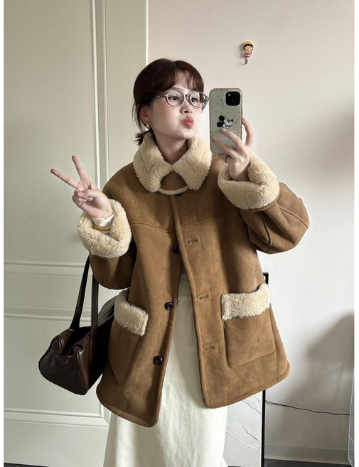 빅사이즈 여성 뽀글이 무스탕 자켓 겨울 양면용 후리스 플리스 스웨이드 자켓 점퍼