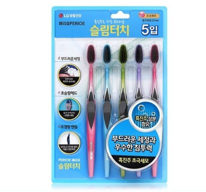 페리오 PERIOE 슬림터치 흑진주 초극세모 칫솔 5개입 엘지생활건강 국내생산 저자극 프라그 세정, 1개