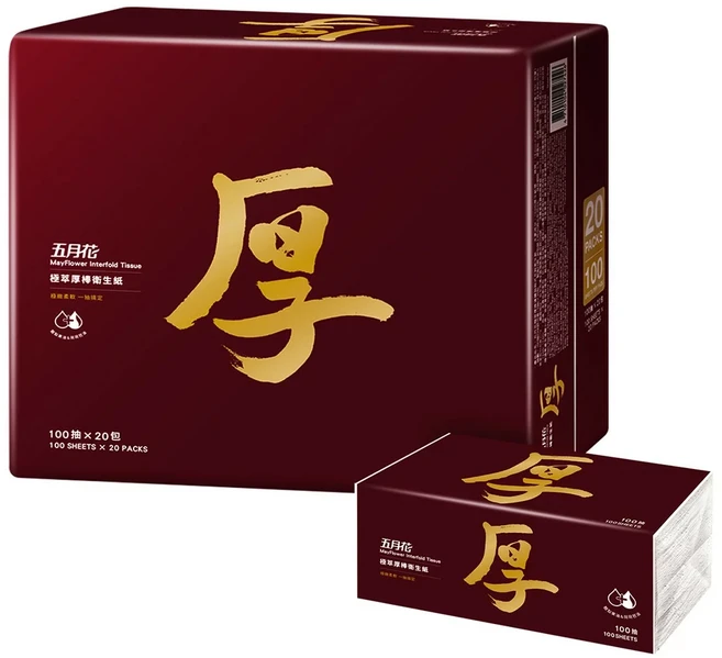 五月花 極萃厚棒抽取式衛生紙 100抽 x 20包, 20個, 100張