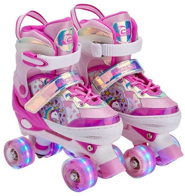 Chicago Skates Glitzy 아동용 롤러 스케이트 씨 쉘 - 조절 가능한 롤러 스케이트 여아 남아용 라이트업 휠 내구성 있는 초보자 쿼드 스케이트 프론트 스토퍼, 유니콘