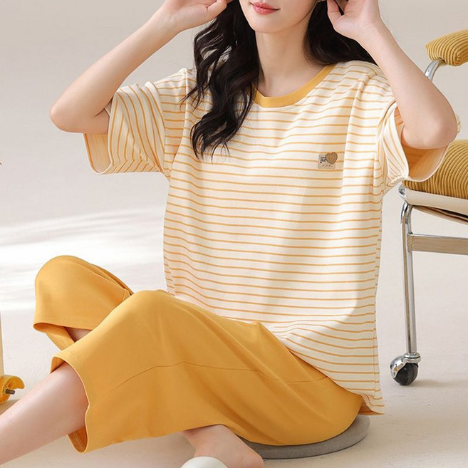 스타일아유 면100% 반팔 잠옷 귀여운 7부바지 세트 풀오버 라운드넥 홈웨어 브라캡 내장 여성용 SE1567