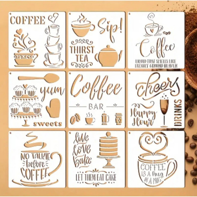 [9pcs 커피 테마 스텐실도안 세트]베이킹 데코레이션 재사용 가능한 드로잉 스테인도안 까페 간판 가구 벽 직물 데코 템플릿 인테리어 디자인