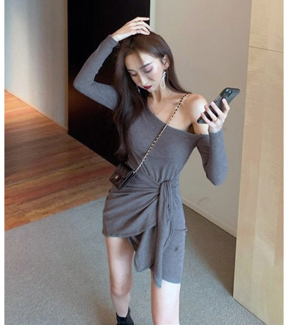 SISI 斜肩長袖綁帶扭結連衣裙, 灰