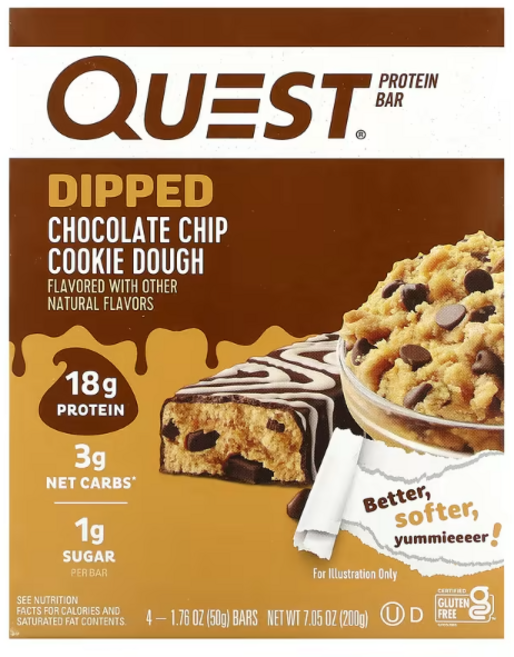 퀘스트뉴트리션 프로틴바 Dipped 초코칩 쿠키 도우 바 1.76 oz, 60g, 4개