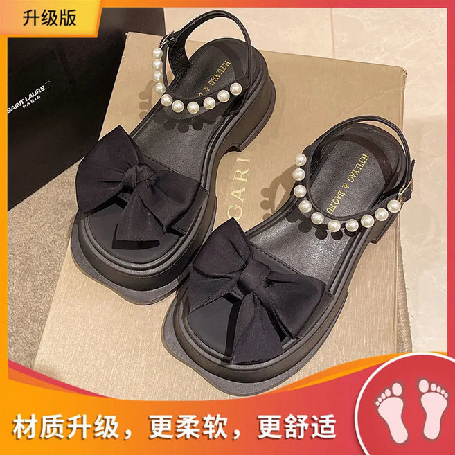 HTUCAG & BONU 升級版 厚底蝴蝶結羅馬涼鞋, 黑色升級版,38