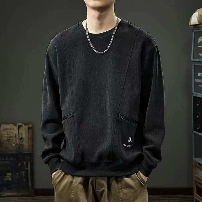 남성 라운드넥 맨투맨 가을 겨울 패션 카고 지퍼 포켓 남성 맨투맨 상의 루즈핏 데일리 긴팔티 WMY