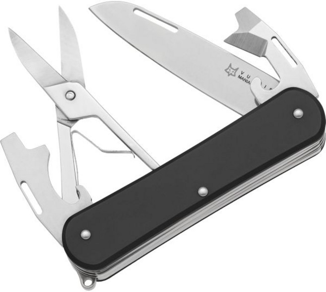 폭스 나이프스 벌피스 FX-VP130-F4 슬립조인트 폴딩 나이프 4-in-1 멀티툴 2.17인치 블레이드 병따개 캔오프너 일자 드라이버 가위 - 컴팩트 다목적 미니멀리스트 포, Black