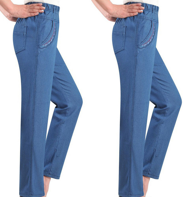 1+1 중년여성 빅사이즈 데님팬츠 봄가을 간절기 스판 엄마룩 밴딩 일자핏 데일리 하이웨스트 캐주얼 긴바지 2매입