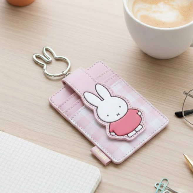 미피 체크 패턴 RFID 카드지갑 목걸이형 지갑 핑크 토끼 캐릭터 카드 홀더 슬림지갑