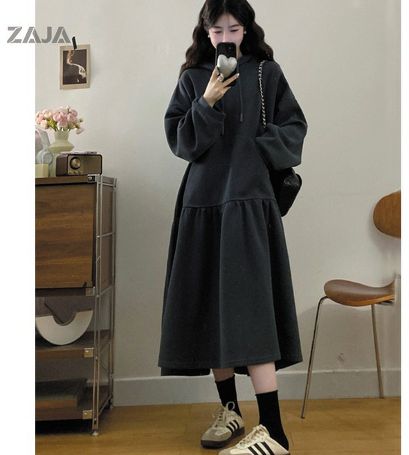 ZAJA 여성 루즈핏 후드 원피스 맨투맨 치마