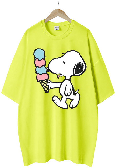 엠제이스타 스누피 여성 아이스크림 반팔 루즈핏 롱 프린팅 캐릭터 티셔츠 오버핏 반팔티