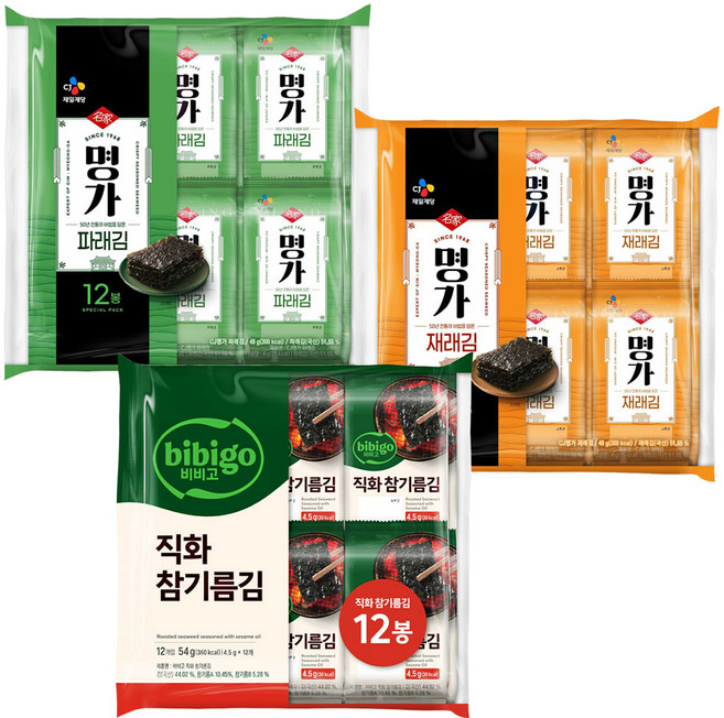 명가 재래김 4g 12봉+파래김 4g 12봉+직화 참기름김 4.5g 12봉, 1개