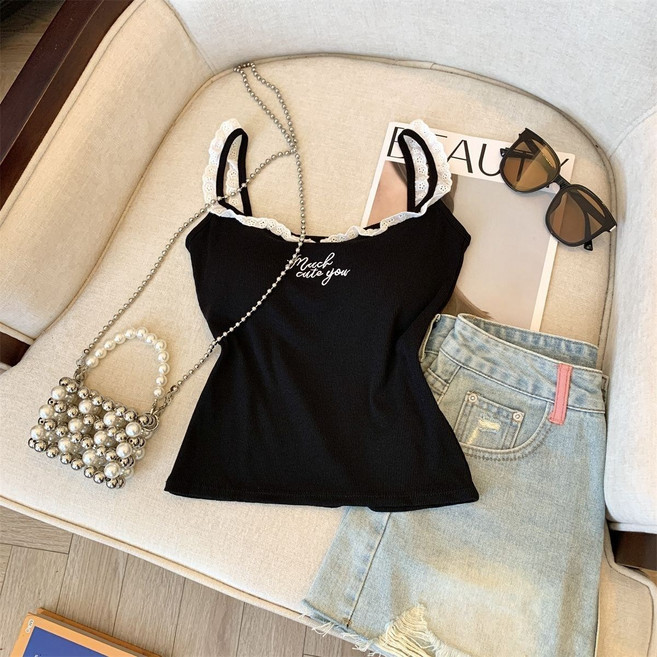 Asure 여성 귀여운 무지 레이스 자수 캡내장 이너웨어 끈나시