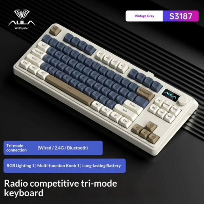 AULA 독거미 S99 프로 3모드 유무선 멤브레인 키보드 멀티 기능 디스플레이 RGB 버전, 빈티지 그레이, 제조사축