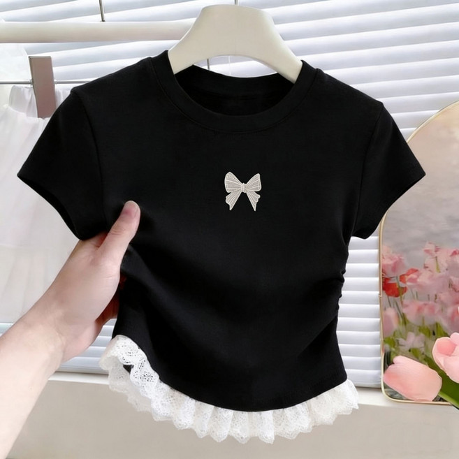 해피유통 어린이 봄여름 레이스 밑단 반팔 티셔츠 귀여운 패턴 디자인 디자인14세 이상